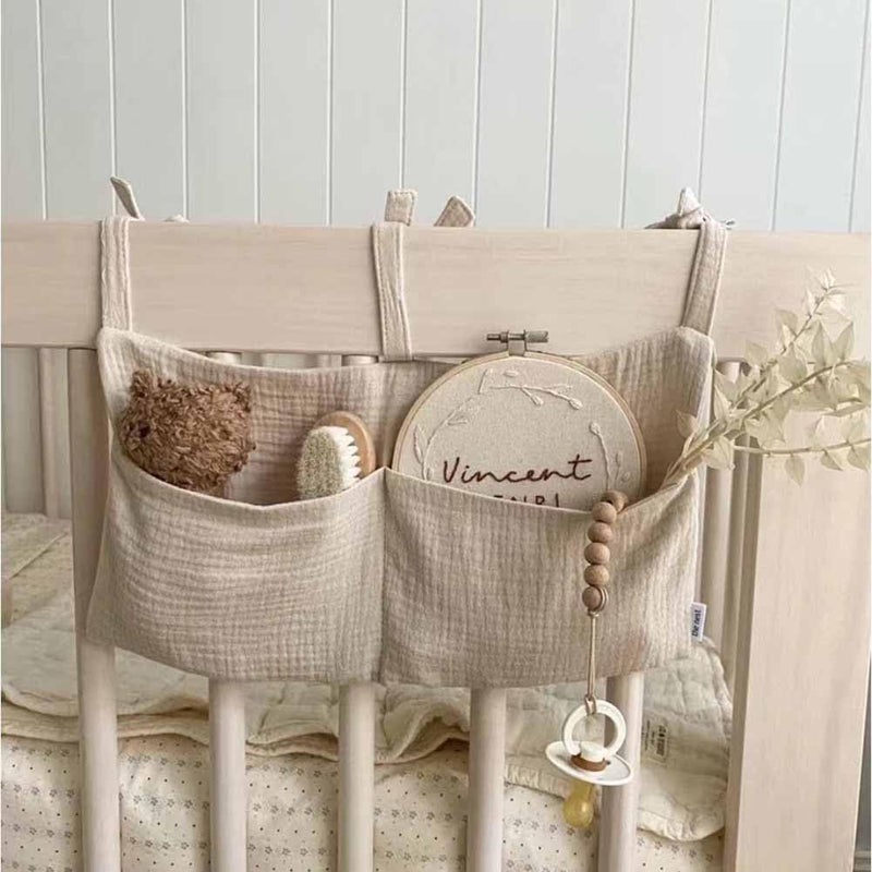 YeeMan Cotton Baby Bedside Hanging Storage Bag,2 Pockets Organizer for Baby Cribs and Toys (Oatmeal) - Image 3